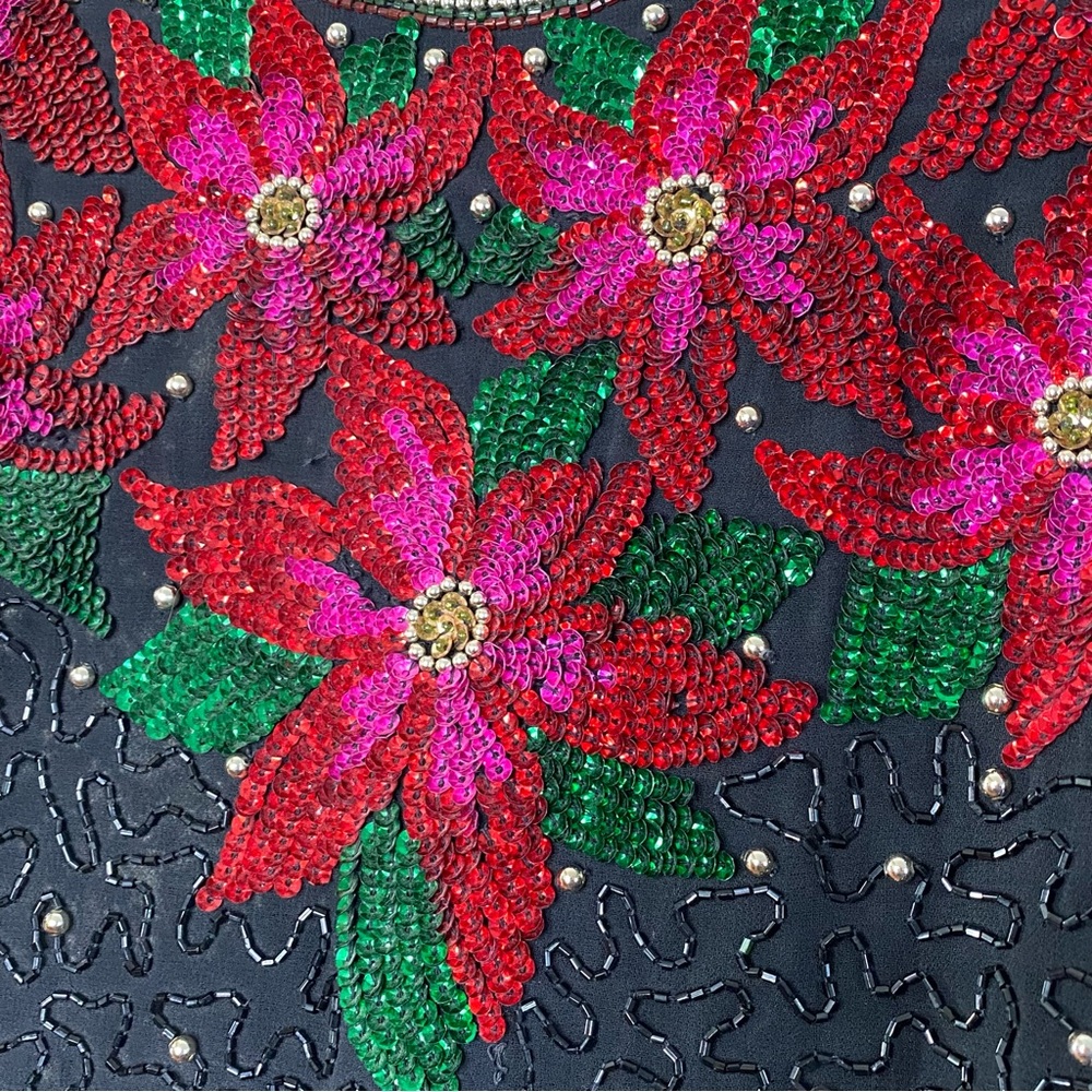 Vintage Christmas Holiday Poinsettia Beaded Sequin Embellished Top Size Large - Picture 5 of 9